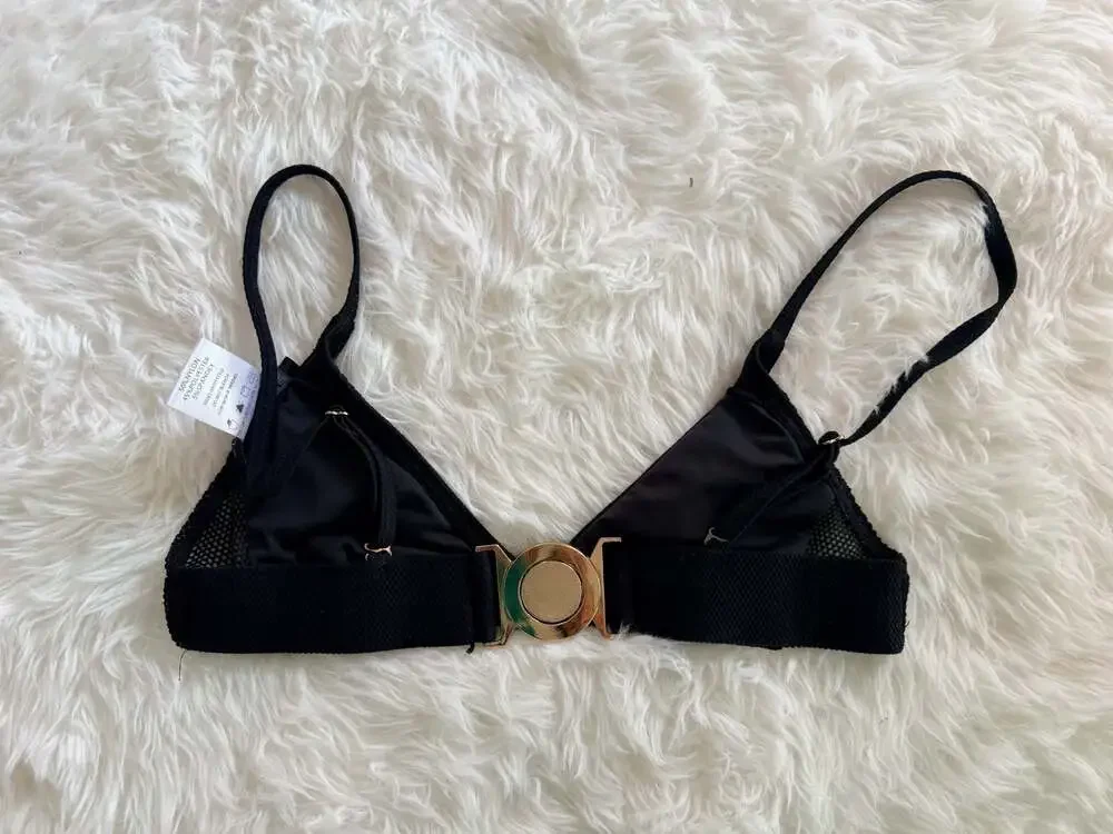 LuxLabel Black Texture Detail Bikini Top with Gold-Tone Ring Hardware